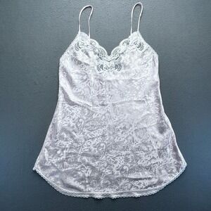 Vintage Deena Satin Jacquard Lace Chemise Cami Medium Silver Floral Slip Y2K